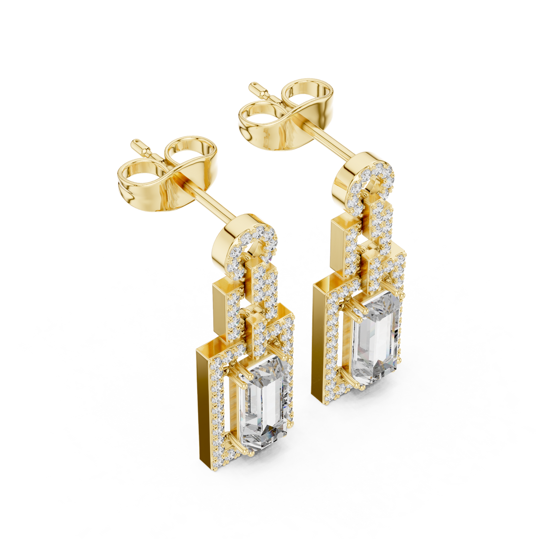 Emerald Cut Diamond Halo Geometric Drop Earrings with Pavé Accents