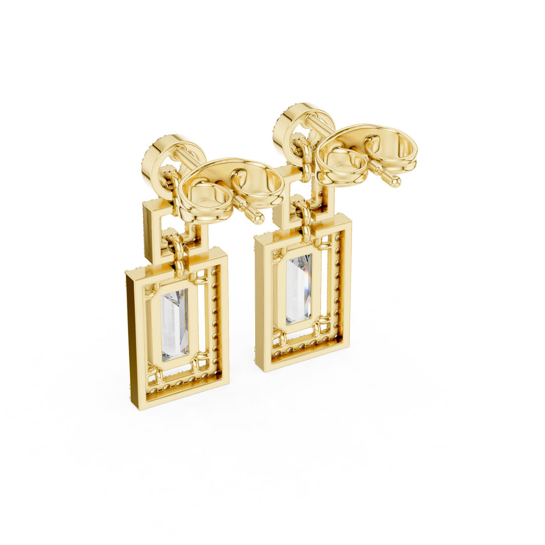 Emerald Cut Diamond Halo Geometric Drop Earrings with Pavé Accents