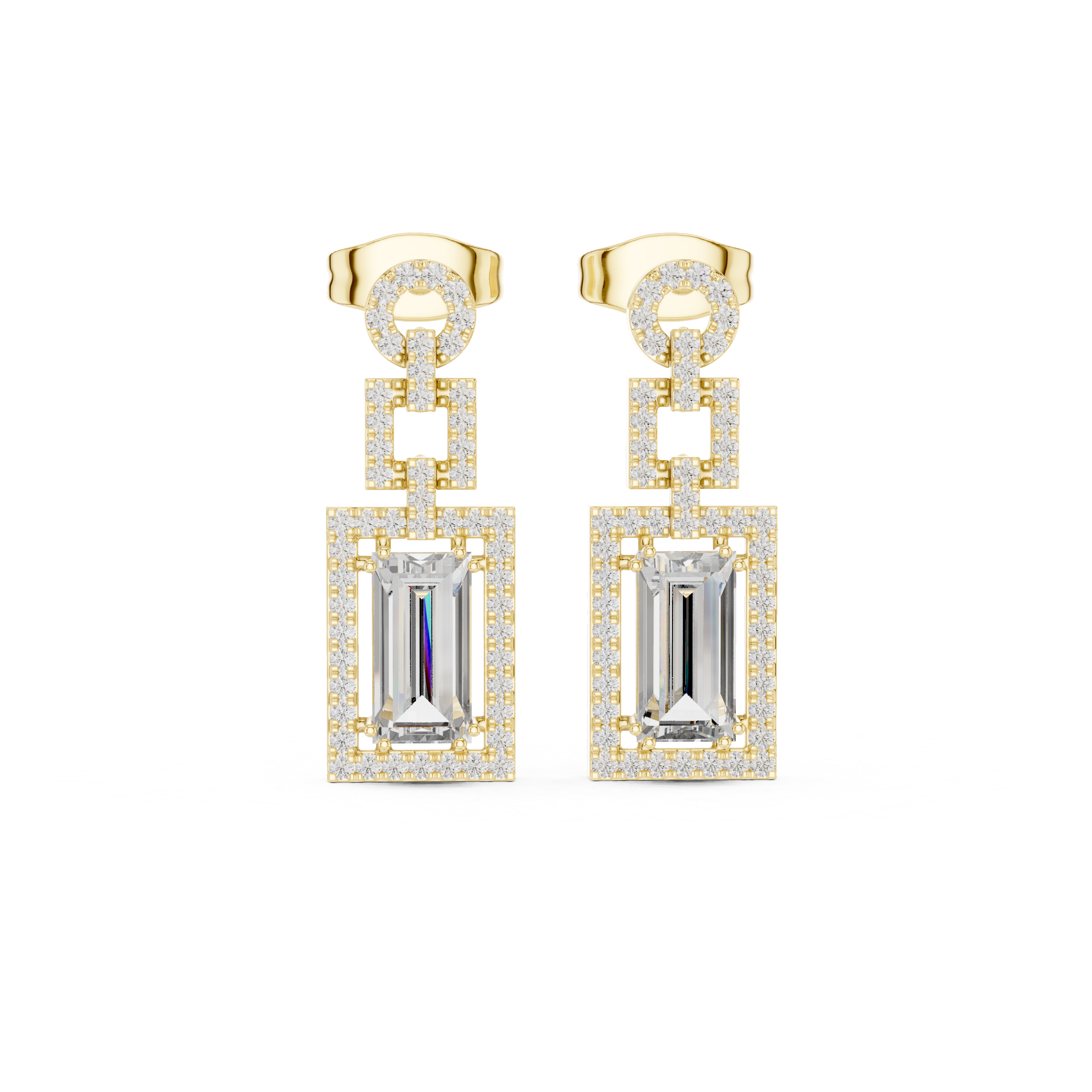 Emerald Cut Diamond Halo Geometric Drop Earrings with Pavé Accents