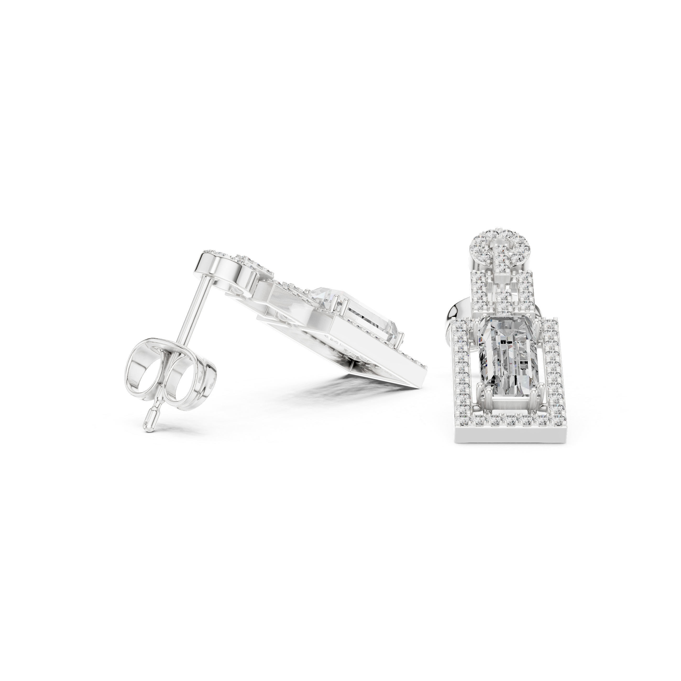 Emerald Cut Diamond Halo Geometric Drop Earrings with Pavé Accents