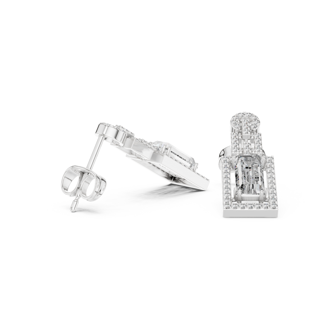 Emerald Cut Diamond Halo Geometric Drop Earrings with Pavé Accents