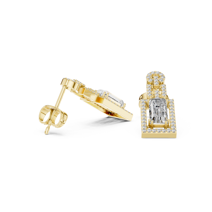 Emerald Cut Diamond Halo Geometric Drop Earrings with Pavé Accents