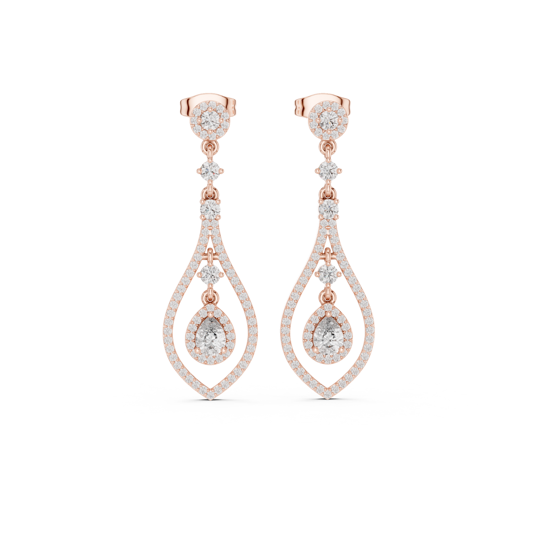 Pear Cut Diamond Double Halo Teardrop Dangle Earrings with Pavé Accents