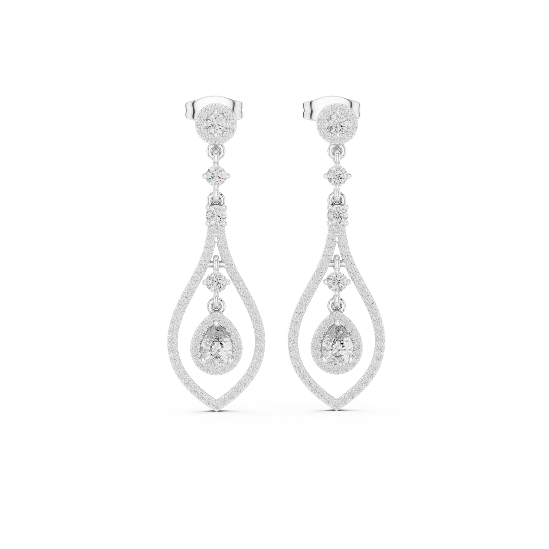 Pear Cut Diamond Double Halo Teardrop Dangle Earrings with Pavé Accents