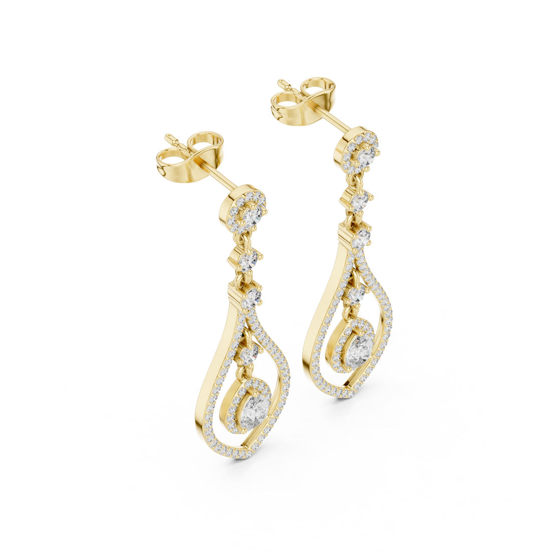 Pear Cut Diamond Double Halo Teardrop Dangle Earrings with Pavé Accents