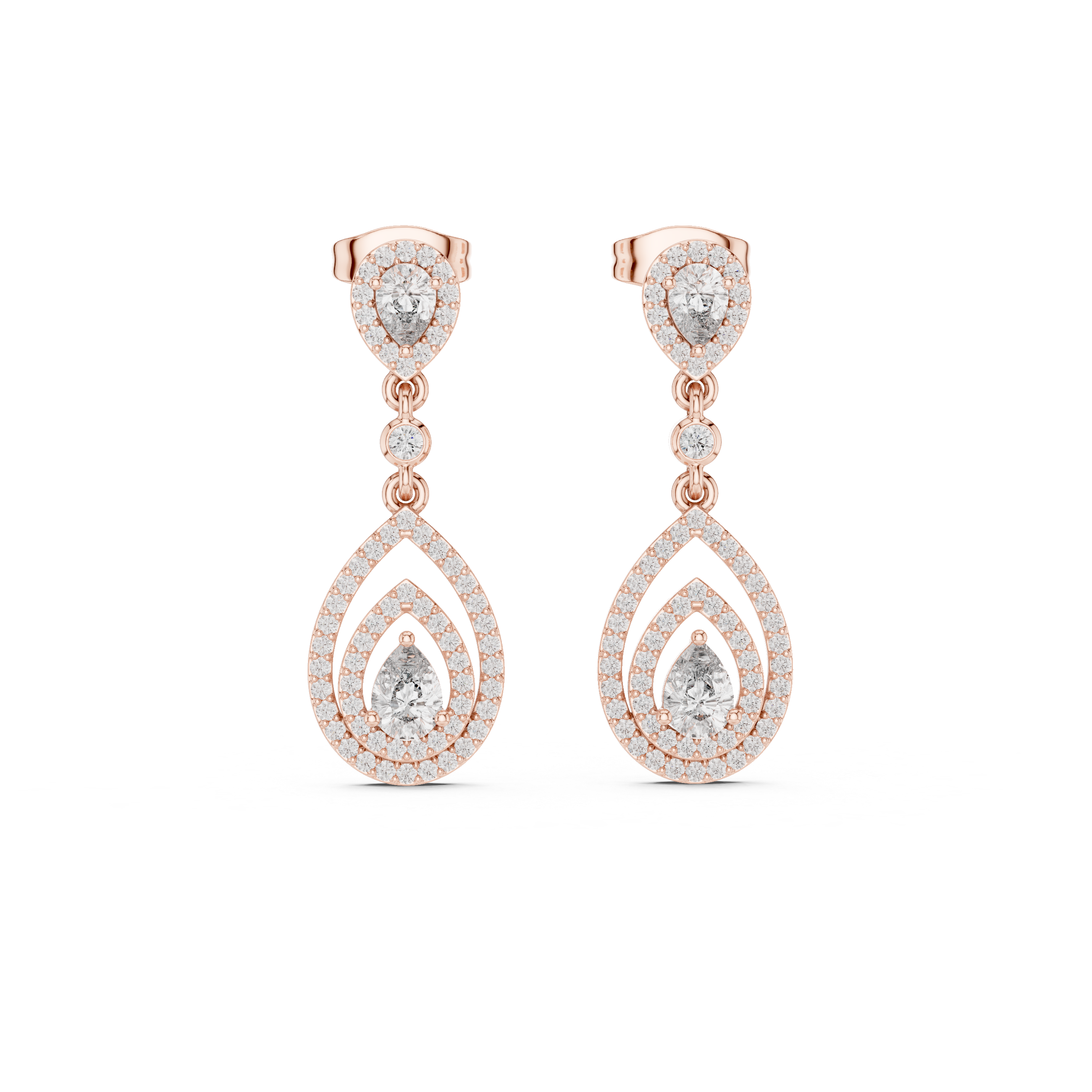 Pear Cut Diamond Triple Halo Teardrop Dangle Earrings with Pavé Accents