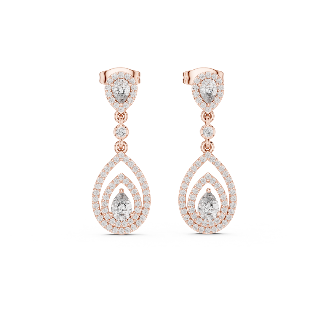 Pear Cut Diamond Triple Halo Teardrop Dangle Earrings with Pavé Accents