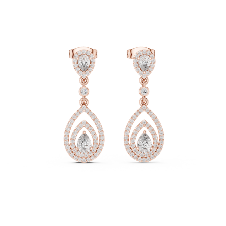 Pear Cut Diamond Triple Halo Teardrop Dangle Earrings with Pavé Accents
