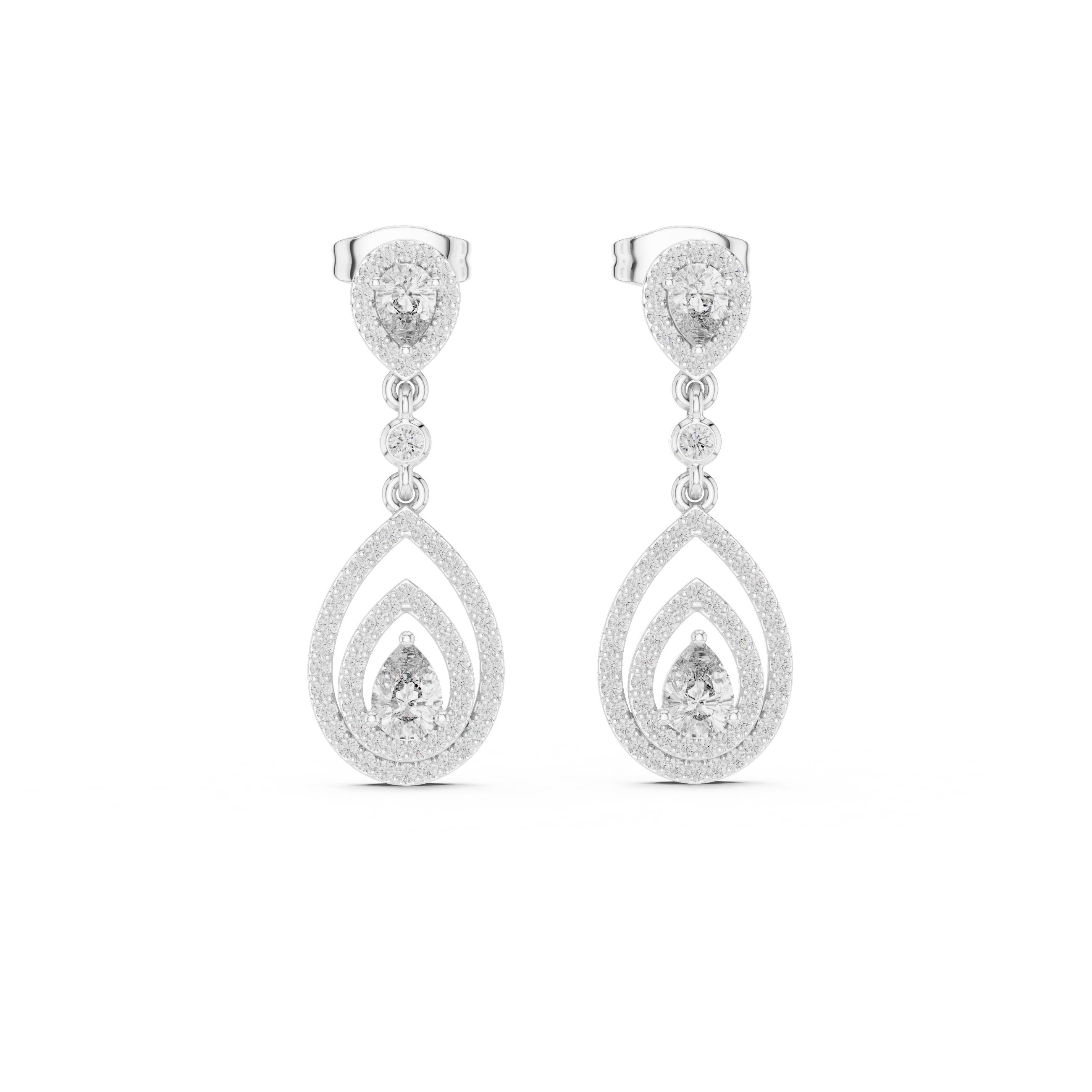 Pear Cut Diamond Triple Halo Teardrop Dangle Earrings with Pavé Accents