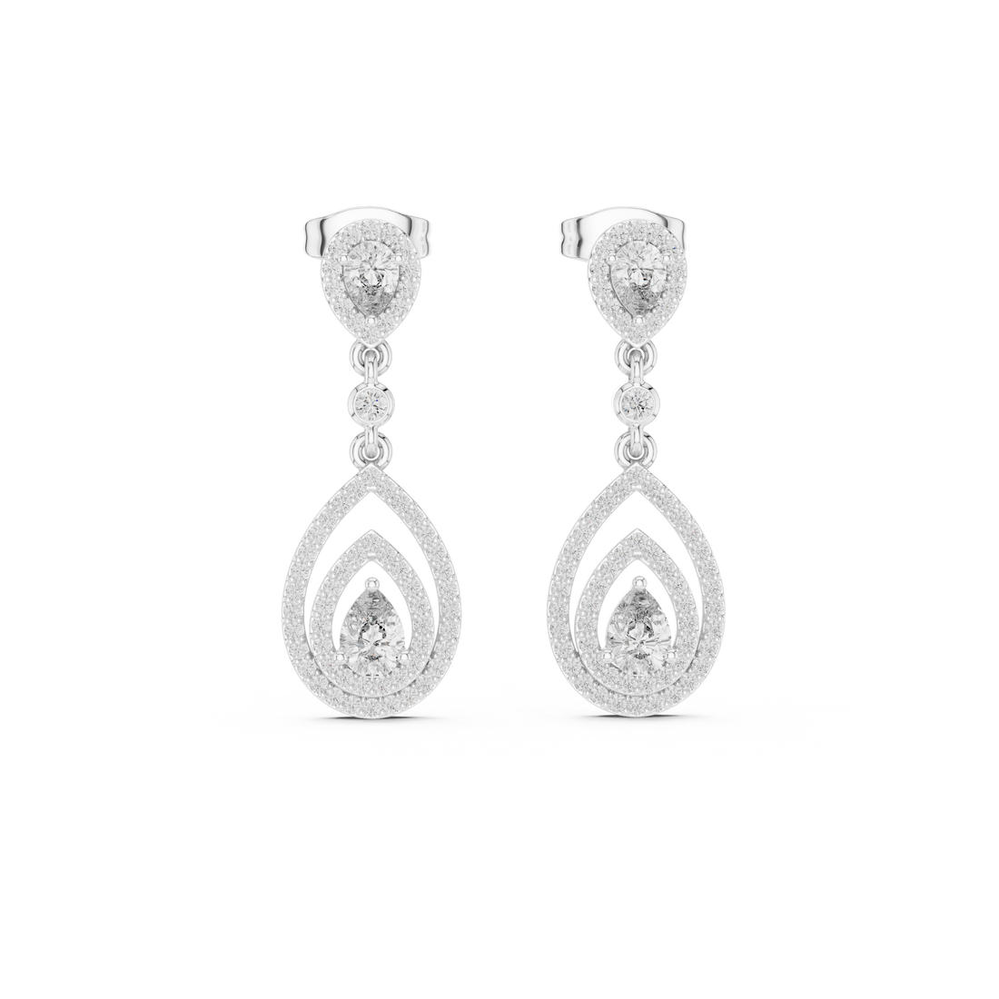 Pear Cut Diamond Triple Halo Teardrop Dangle Earrings with Pavé Accents