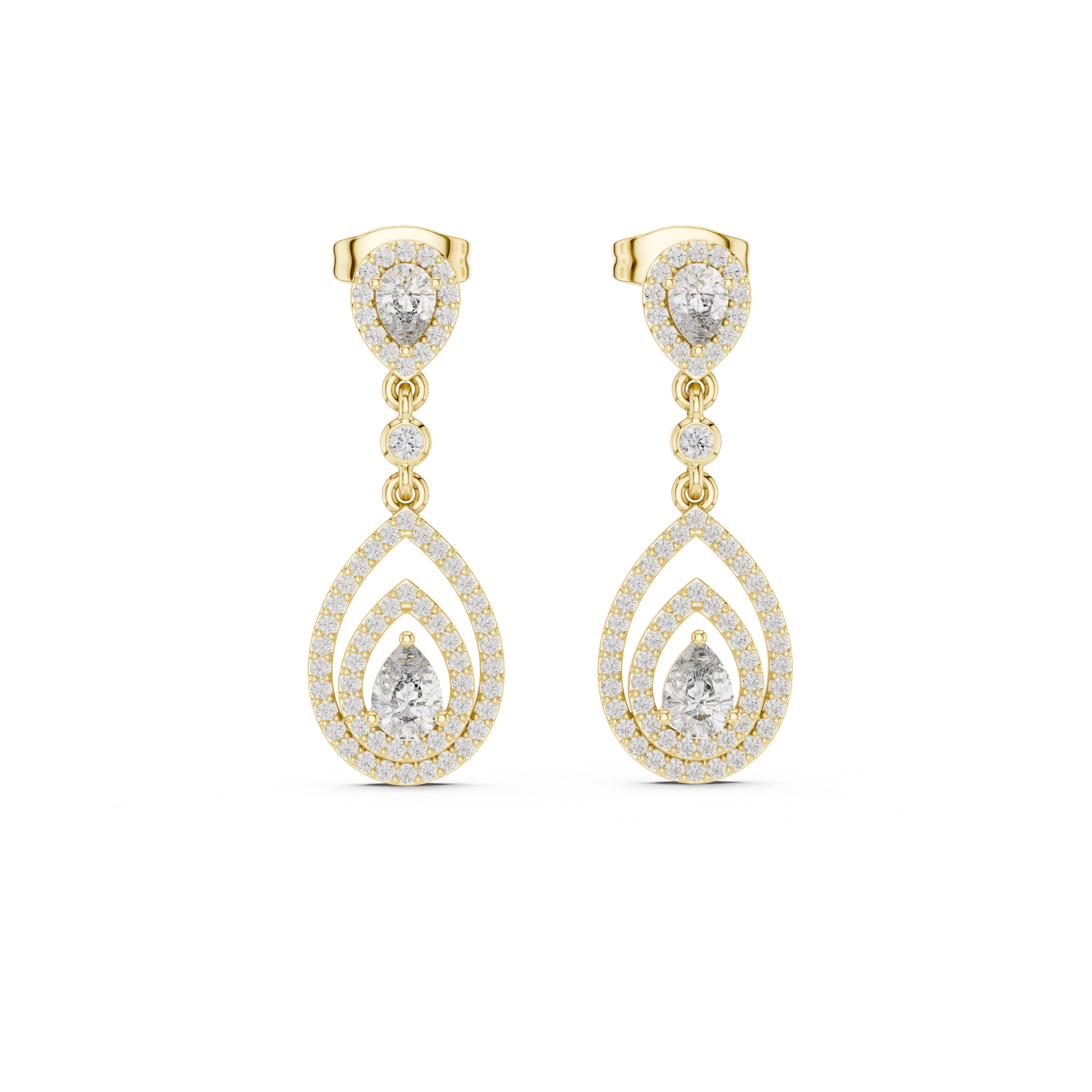 Pear Cut Diamond Triple Halo Teardrop Dangle Earrings with Pavé Accents