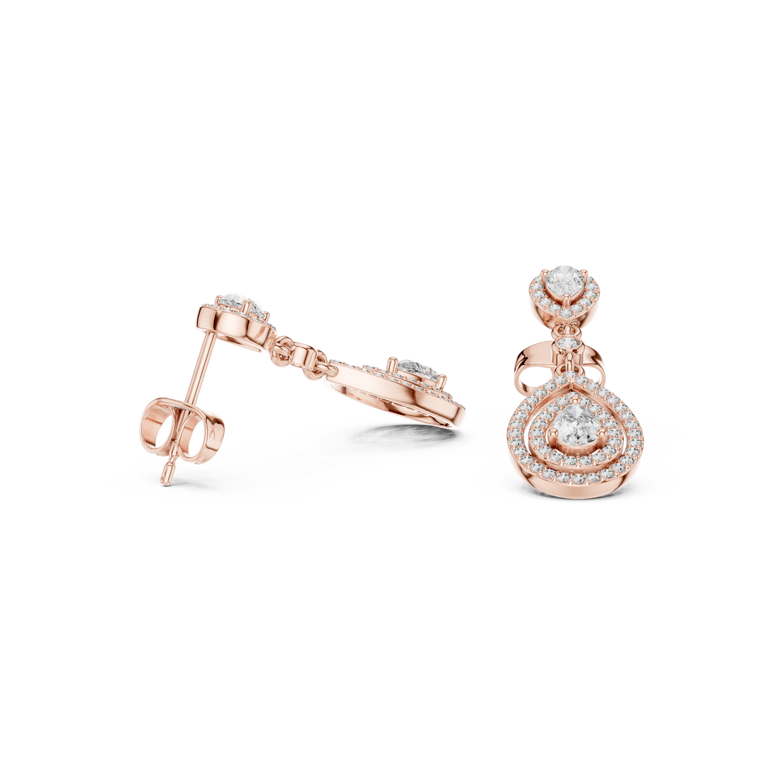 Pear Cut Diamond Triple Halo Teardrop Dangle Earrings with Pavé Accents