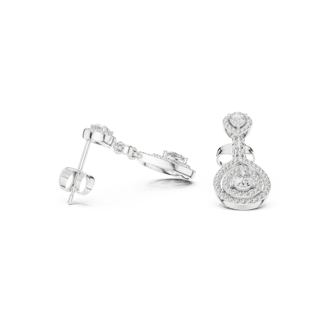 Pear Cut Diamond Triple Halo Teardrop Dangle Earrings with Pavé Accents