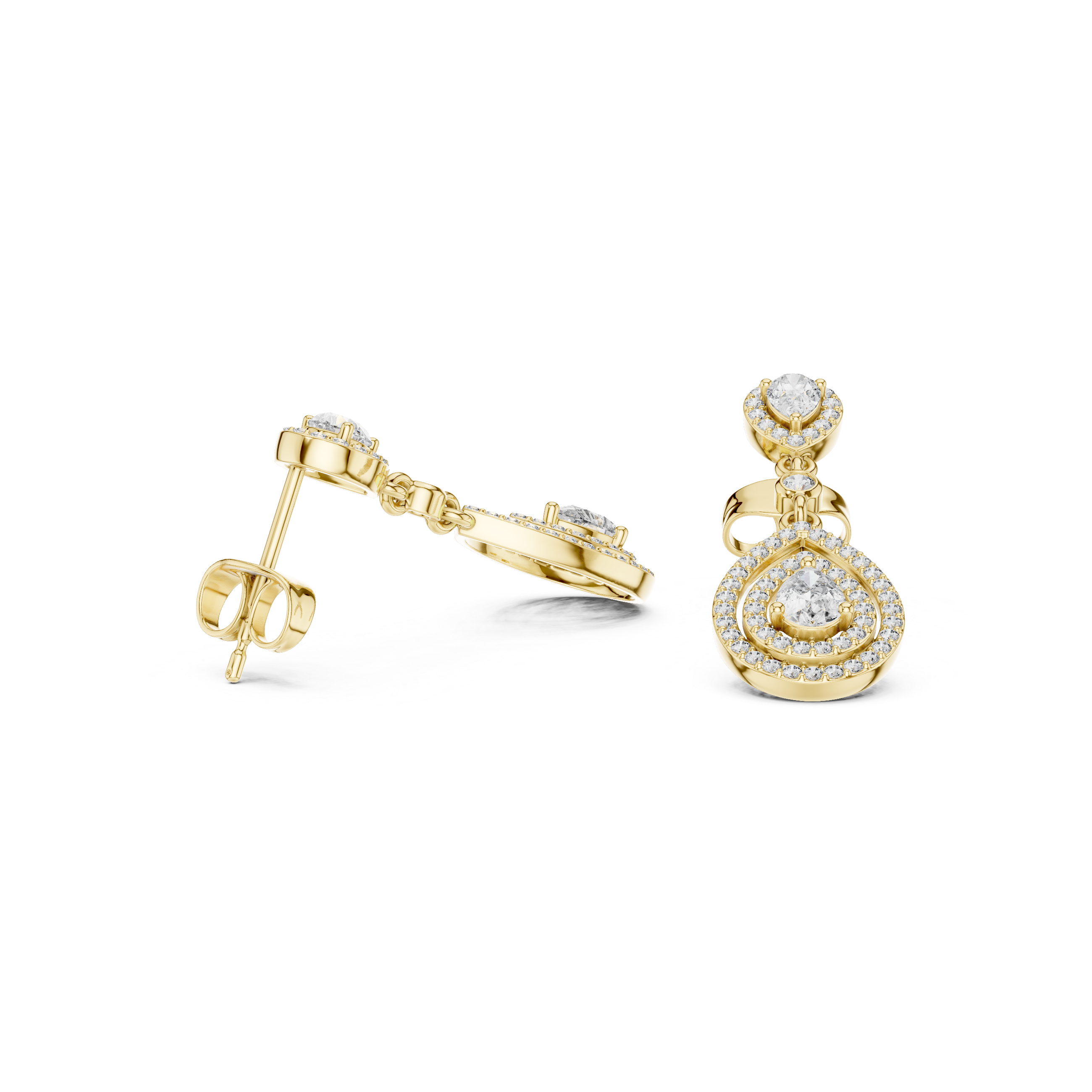 Pear Cut Diamond Triple Halo Teardrop Dangle Earrings with Pavé Accents