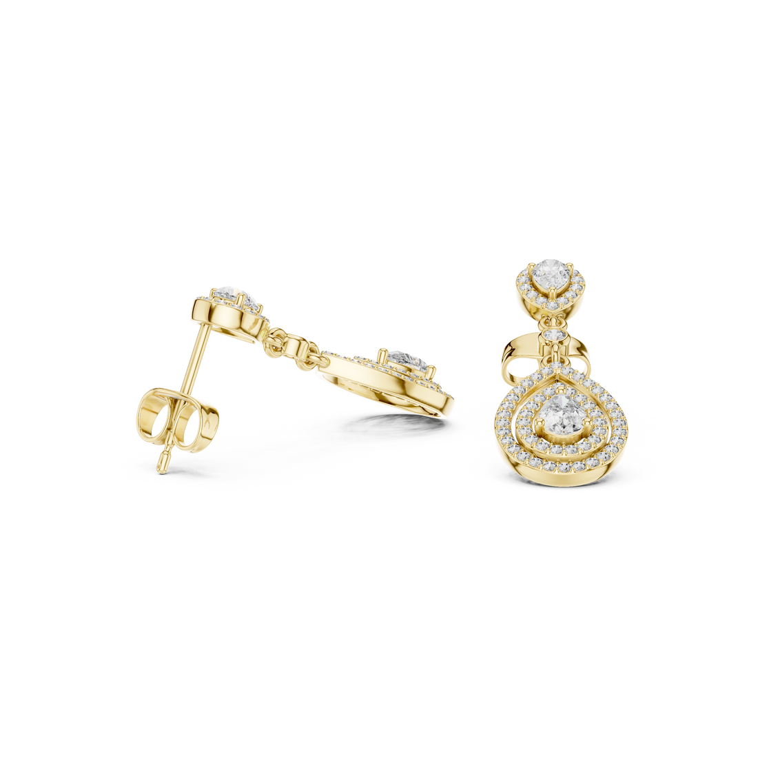 Pear Cut Diamond Triple Halo Teardrop Dangle Earrings with Pavé Accents