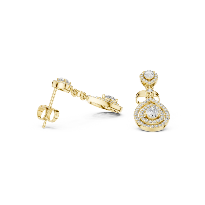 Pear Cut Diamond Triple Halo Teardrop Dangle Earrings with Pavé Accents