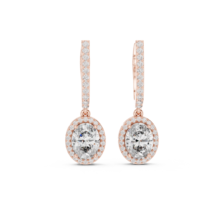 Oval Cut Diamond Halo Drop Earrings with Pavé Diamond Huggie Accents