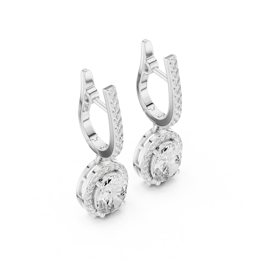 Oval Cut Diamond Halo Drop Earrings with Pavé Diamond Huggie Accents