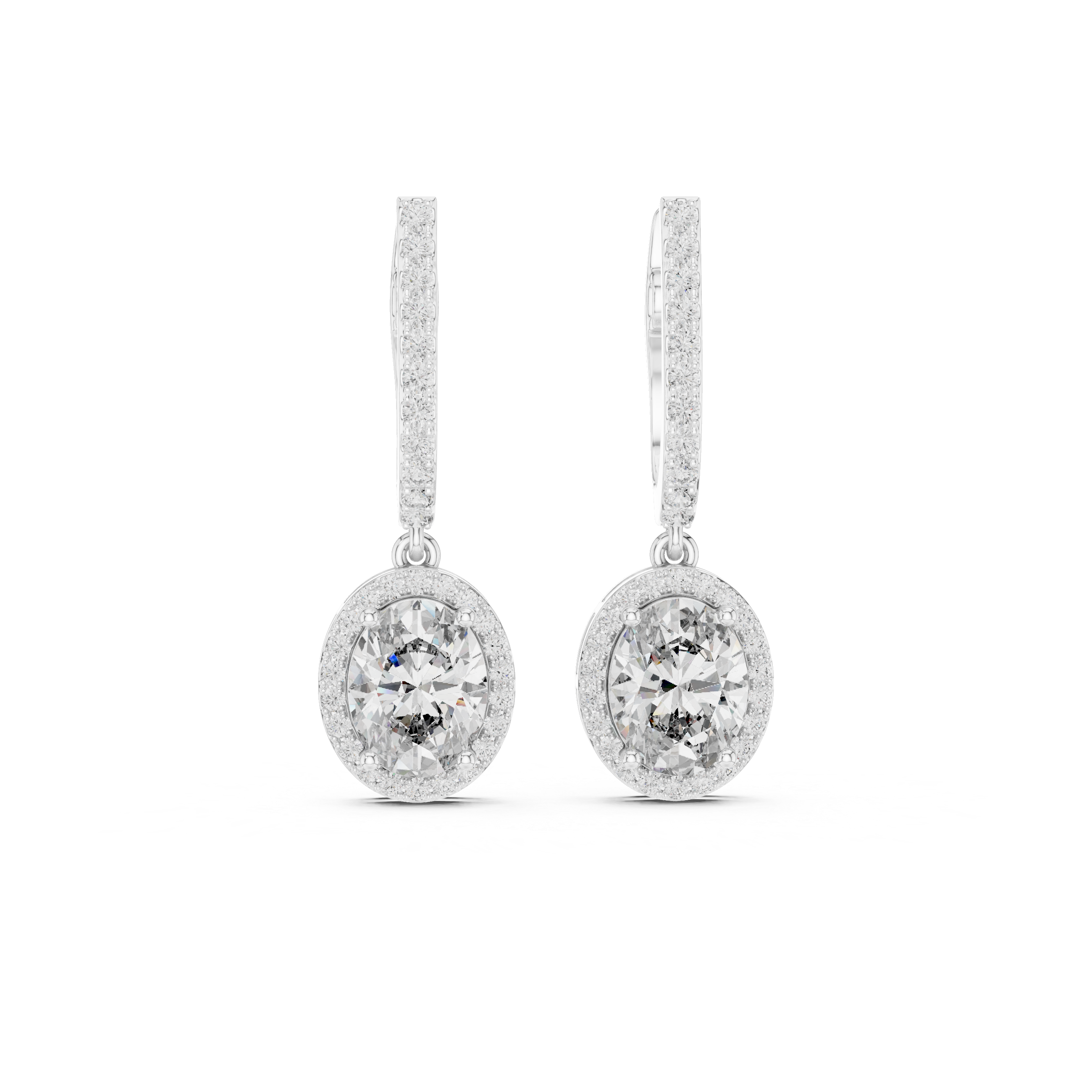 Oval Cut Diamond Halo Drop Earrings with Pavé Diamond Huggie Accents