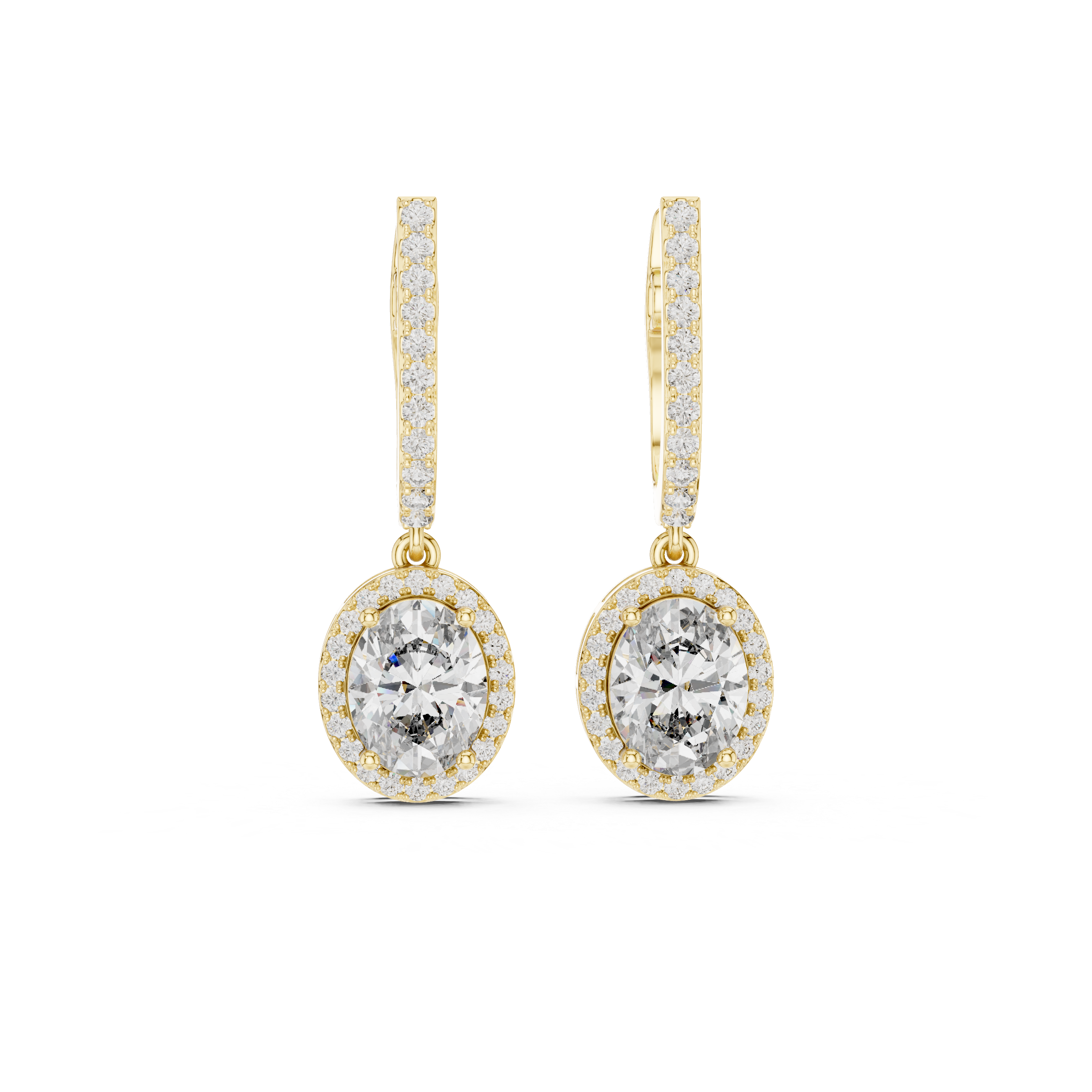 Oval Cut Diamond Halo Drop Earrings with Pavé Diamond Huggie Accents