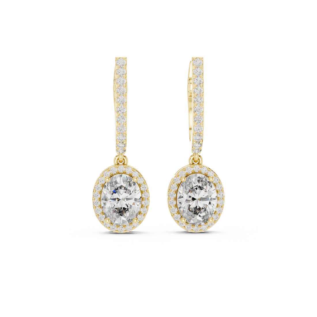 Oval Cut Diamond Halo Drop Earrings with Pavé Diamond Huggie Accents