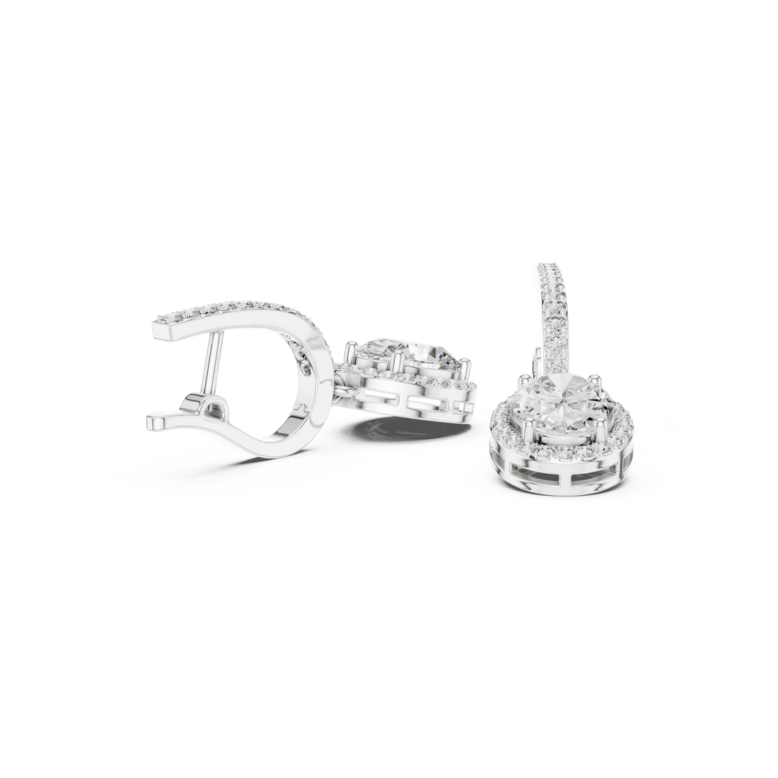 Oval Cut Diamond Halo Drop Earrings with Pavé Diamond Huggie Accents