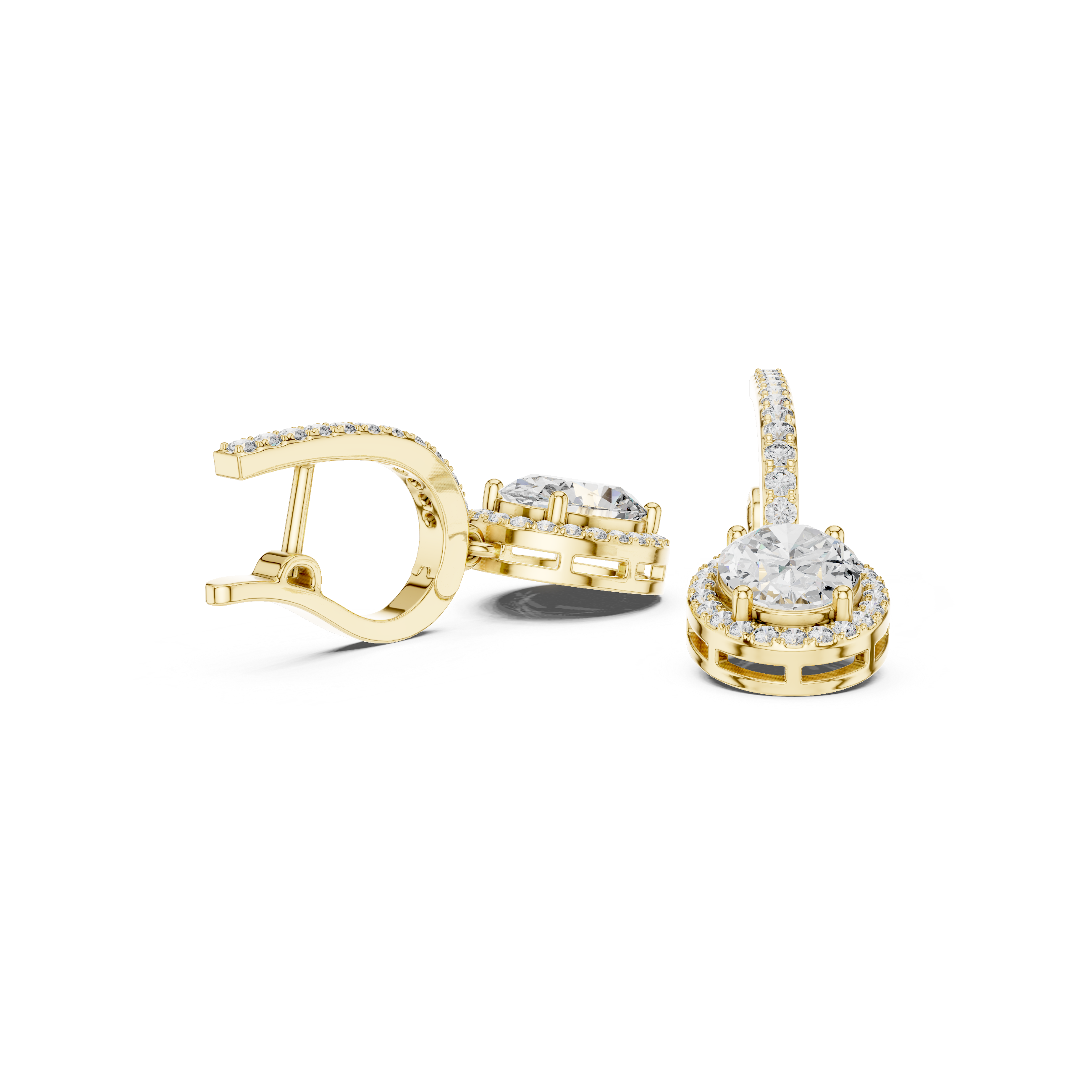 Oval Cut Diamond Halo Drop Earrings with Pavé Diamond Huggie Accents