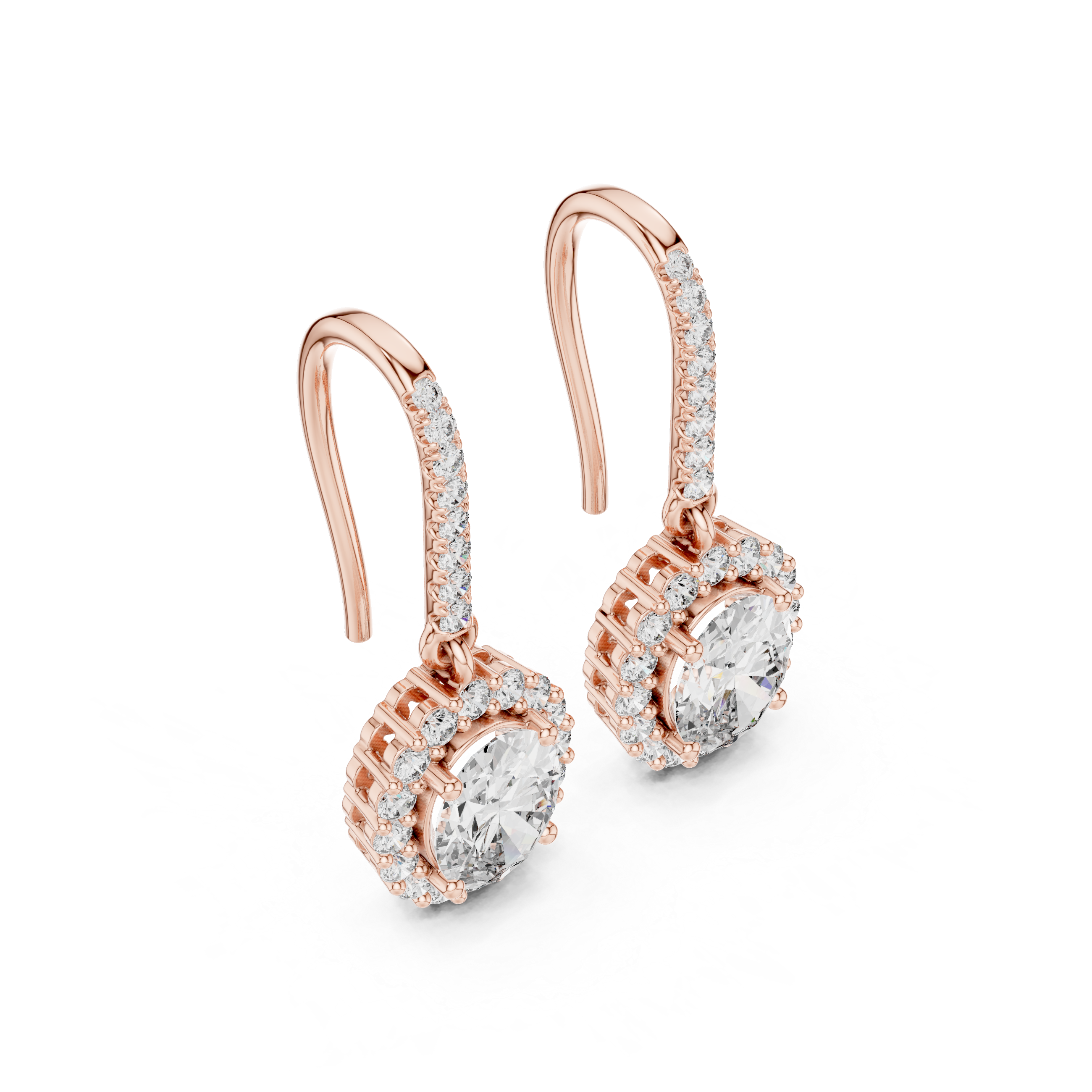 Round Cut Diamond Halo Drop Earrings with Pavé Diamond Bar