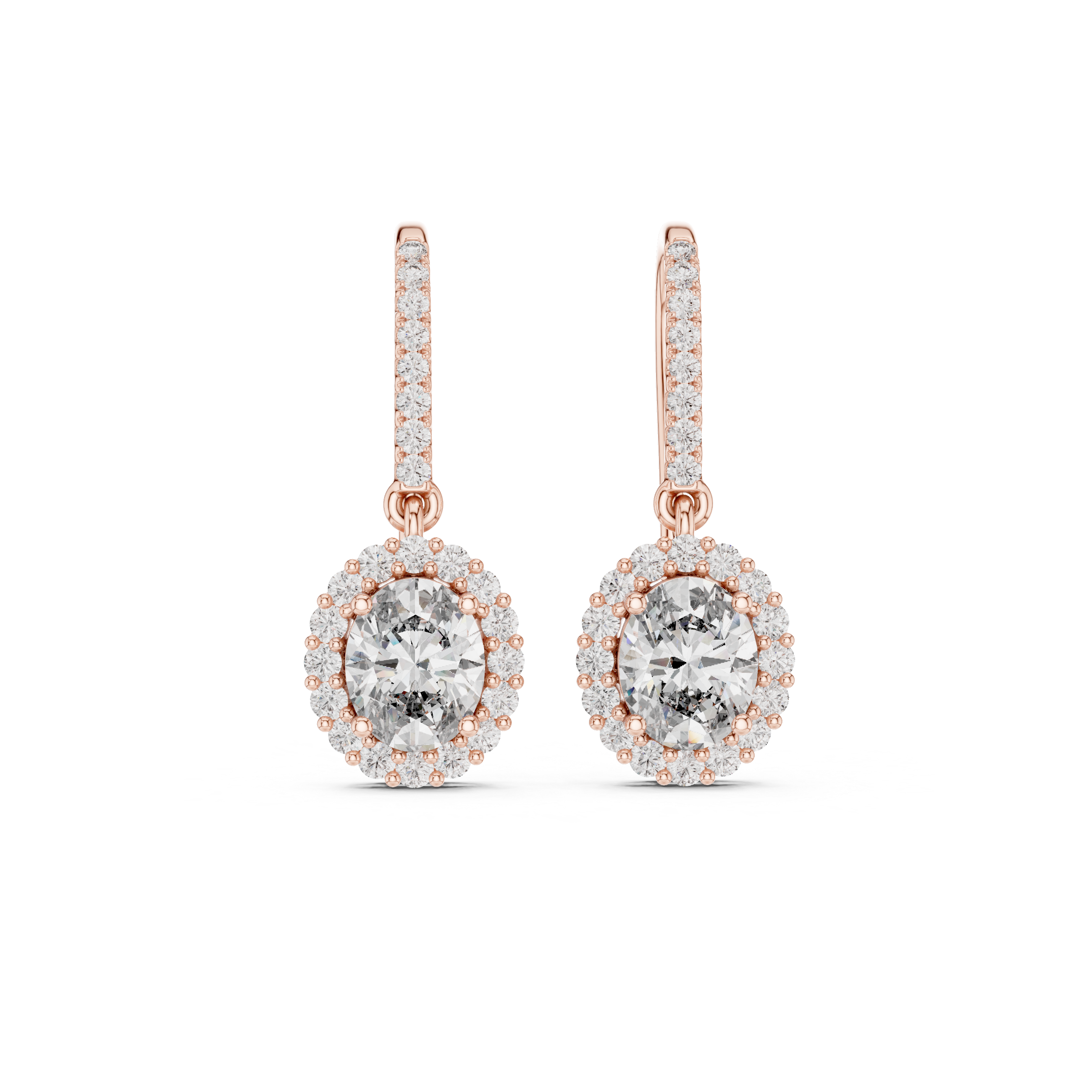 Round Cut Diamond Halo Drop Earrings with Pavé Diamond Bar