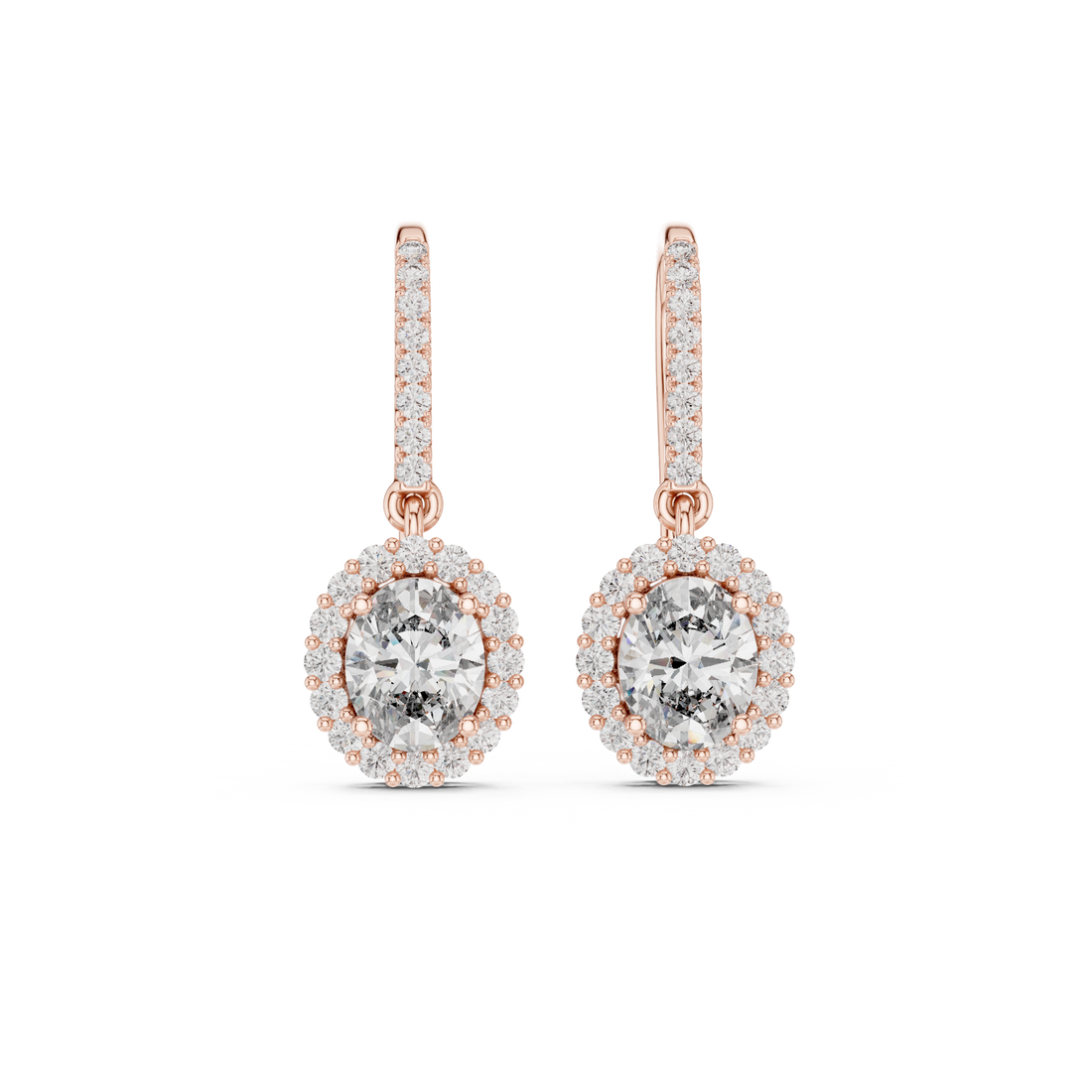 Round Cut Diamond Halo Drop Earrings with Pavé Diamond Bar