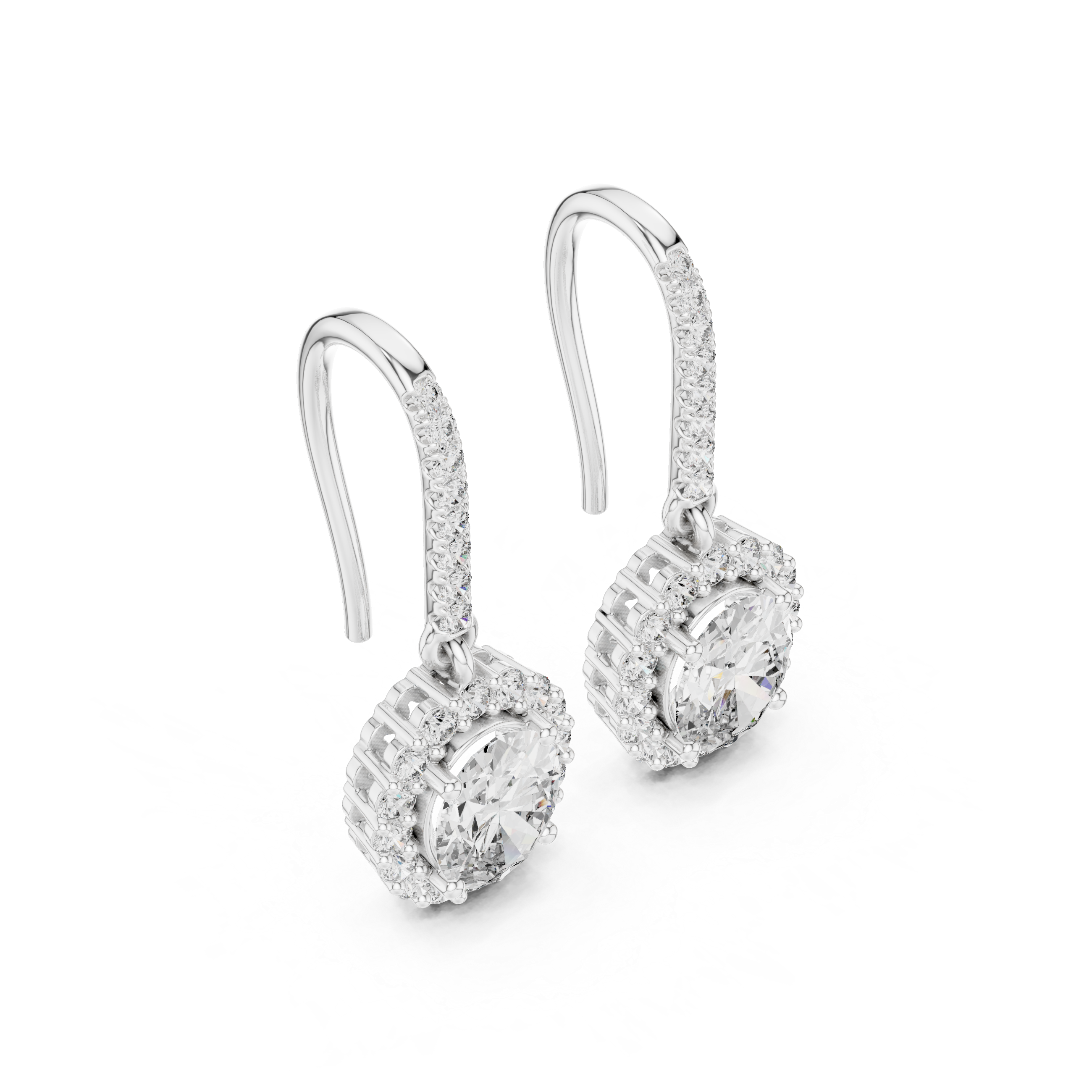 Round Cut Diamond Halo Drop Earrings with Pavé Diamond Bar