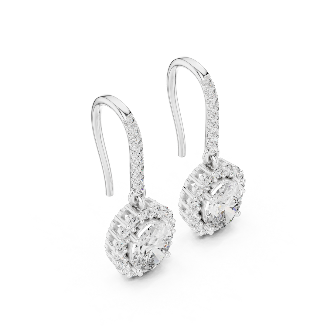 Round Cut Diamond Halo Drop Earrings with Pavé Diamond Bar