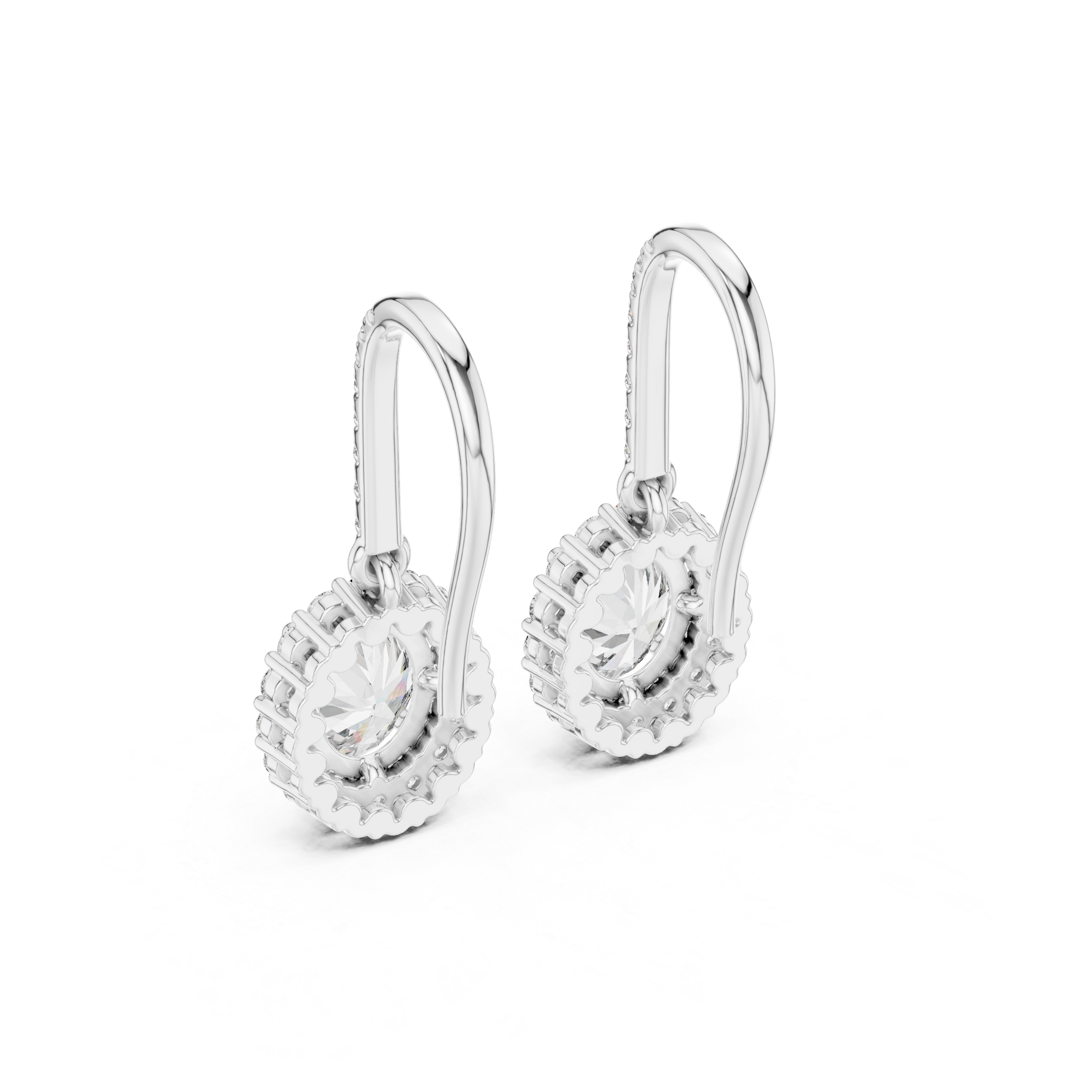 Round Cut Diamond Halo Drop Earrings with Pavé Diamond Bar