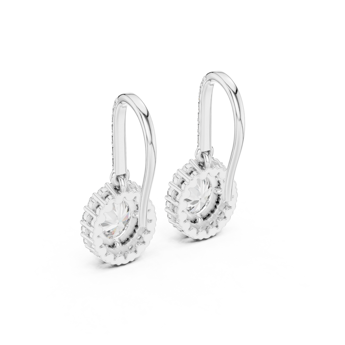 Round Cut Diamond Halo Drop Earrings with Pavé Diamond Bar