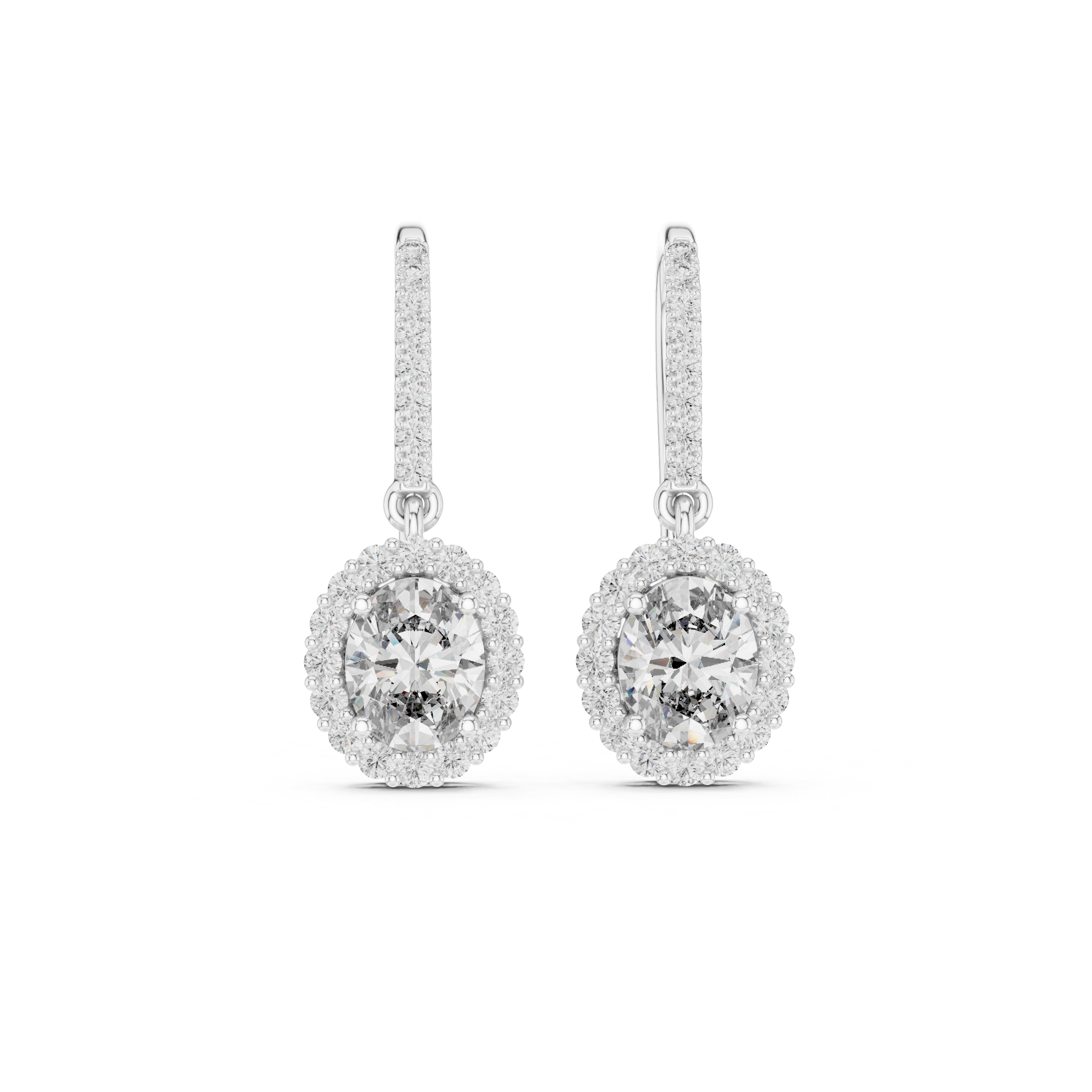 Round Cut Diamond Halo Drop Earrings with Pavé Diamond Bar
