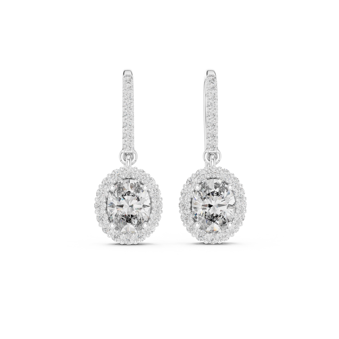 Round Cut Diamond Halo Drop Earrings with Pavé Diamond Bar