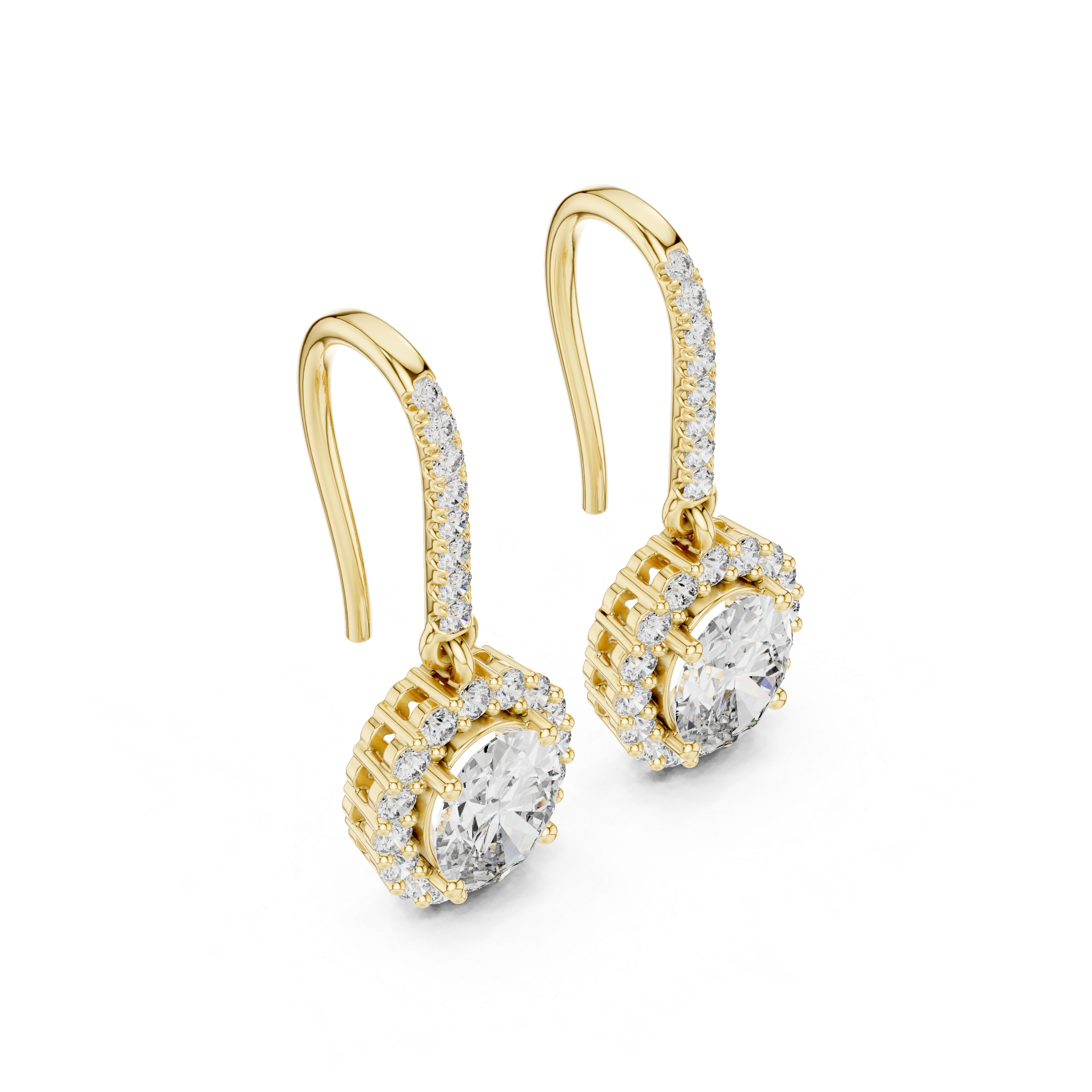 Round Cut Diamond Halo Drop Earrings with Pavé Diamond Bar