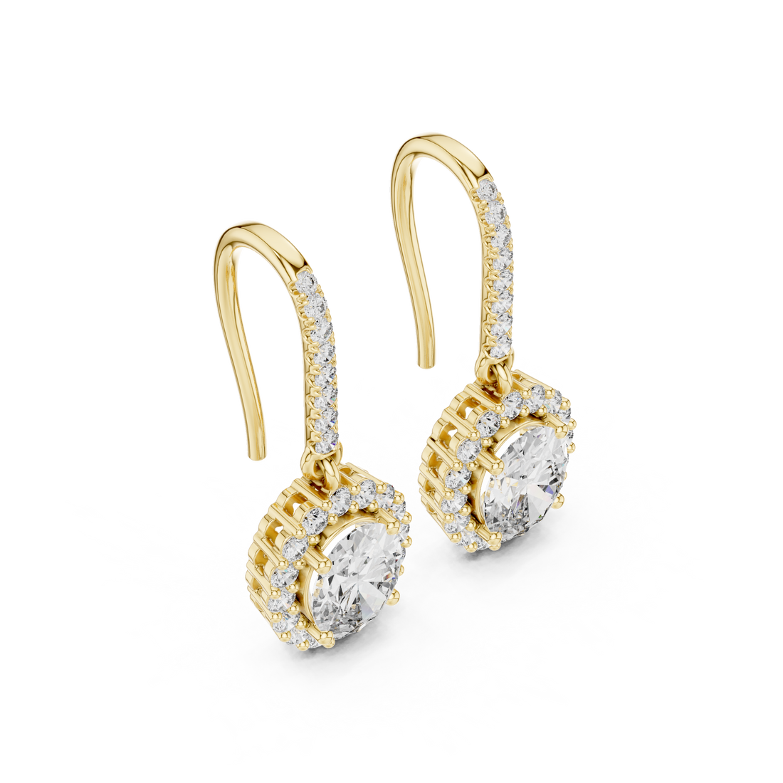 Round Cut Diamond Halo Drop Earrings with Pavé Diamond Bar