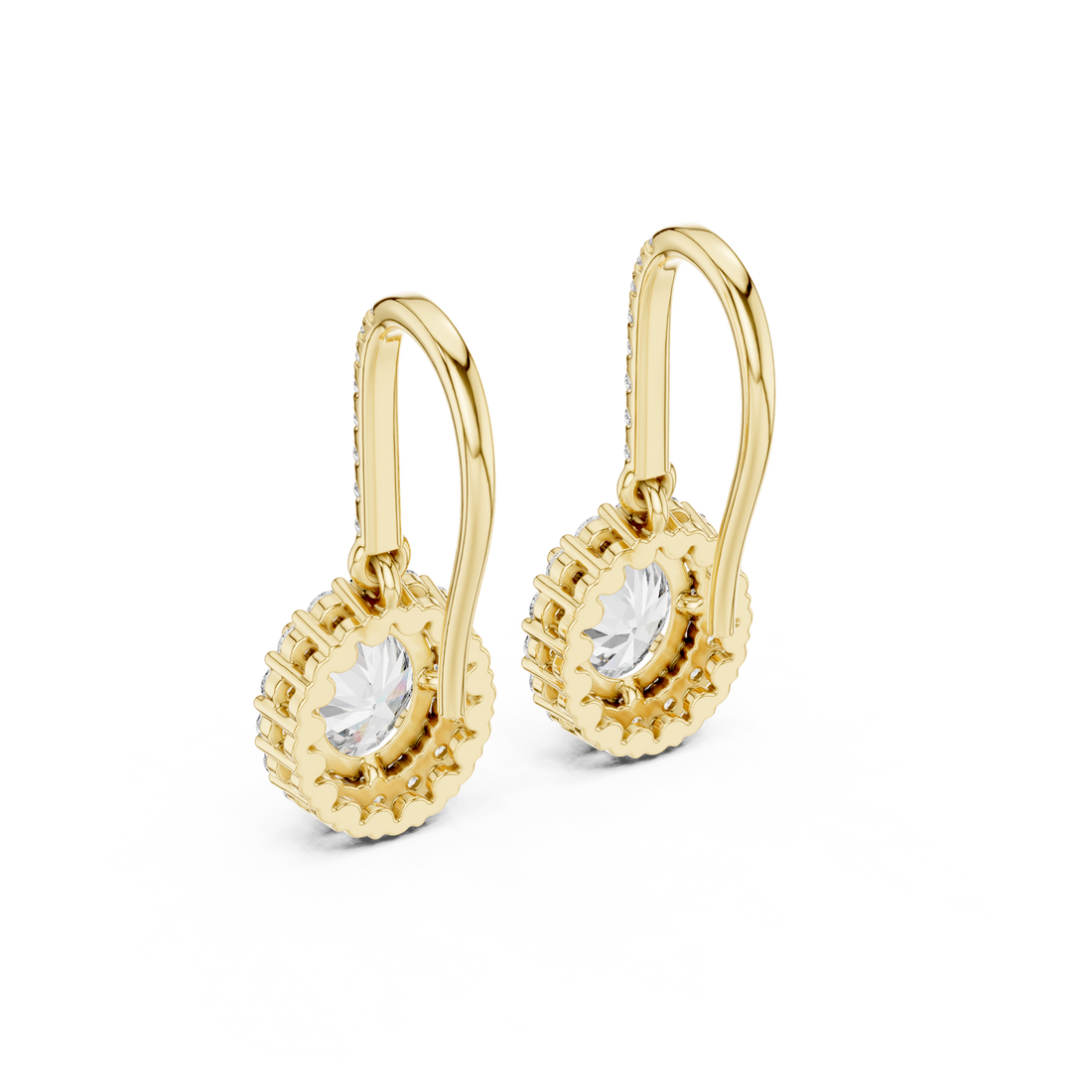 Round Cut Diamond Halo Drop Earrings with Pavé Diamond Bar