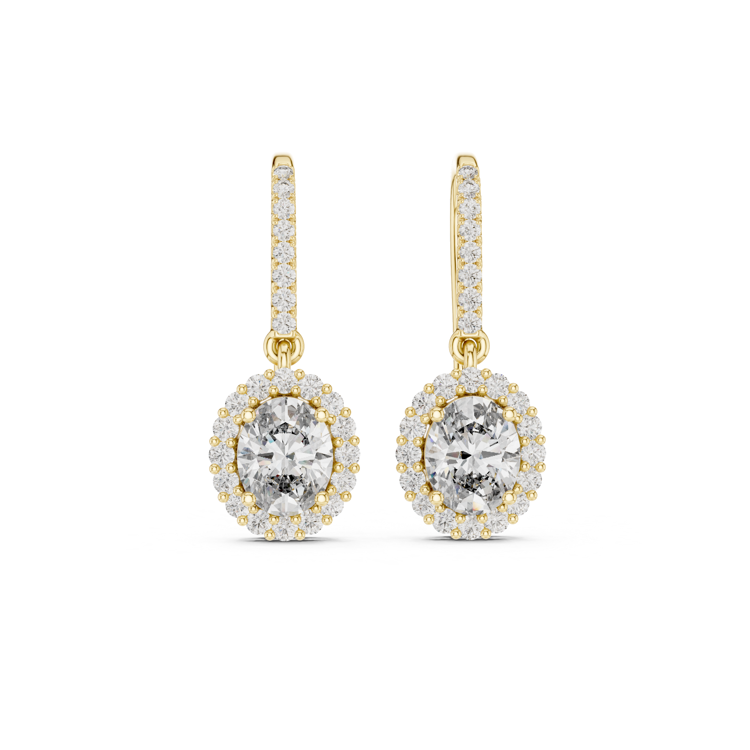 Round Cut Diamond Halo Drop Earrings with Pavé Diamond Bar