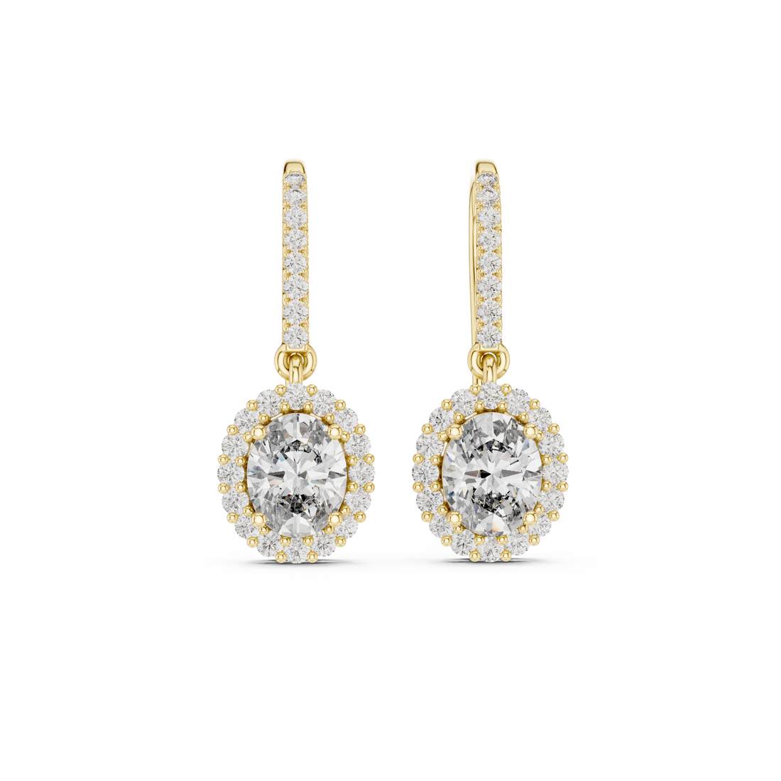 Round Cut Diamond Halo Drop Earrings with Pavé Diamond Bar