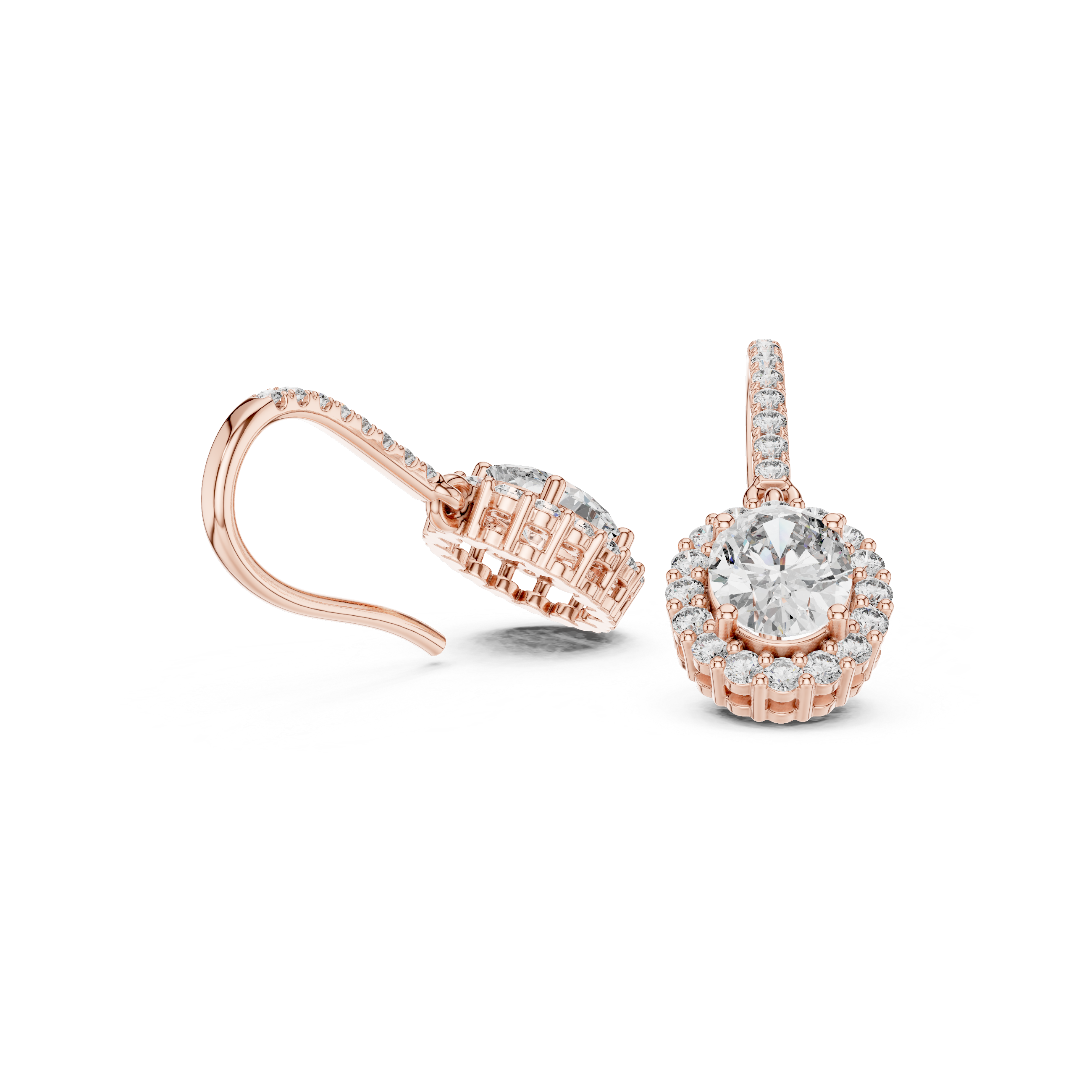 Round Cut Diamond Halo Drop Earrings with Pavé Diamond Bar