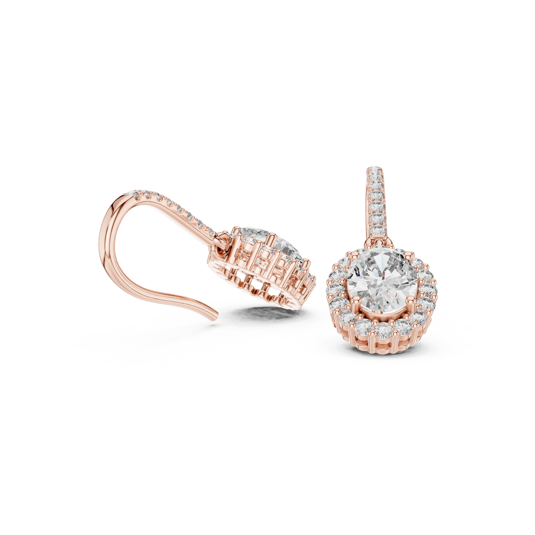 Round Cut Diamond Halo Drop Earrings with Pavé Diamond Bar