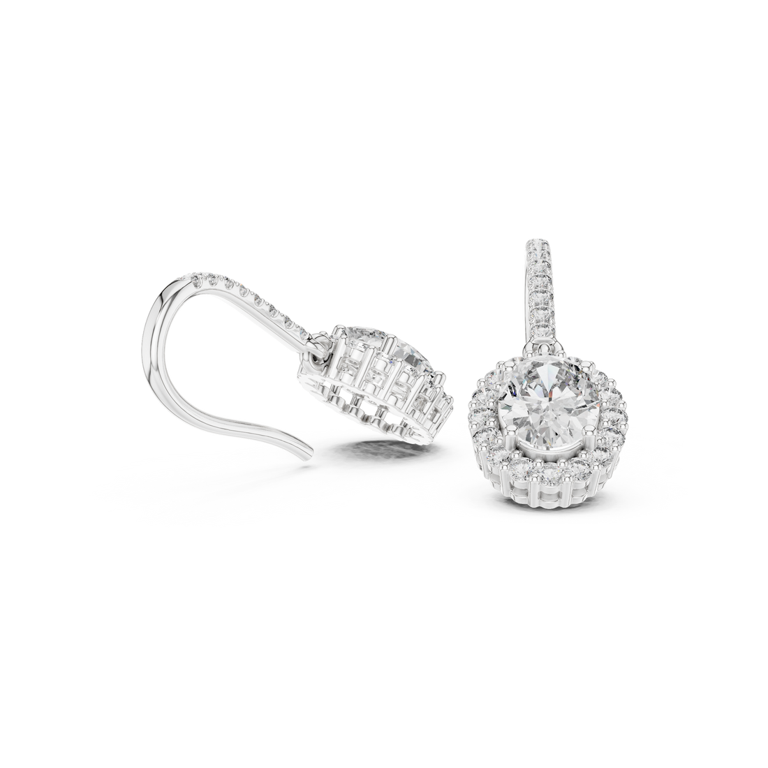 Round Cut Diamond Halo Drop Earrings with Pavé Diamond Bar