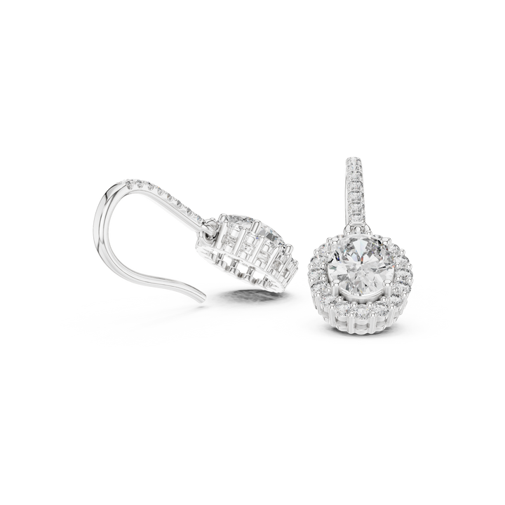 Round Cut Diamond Halo Drop Earrings with Pavé Diamond Bar