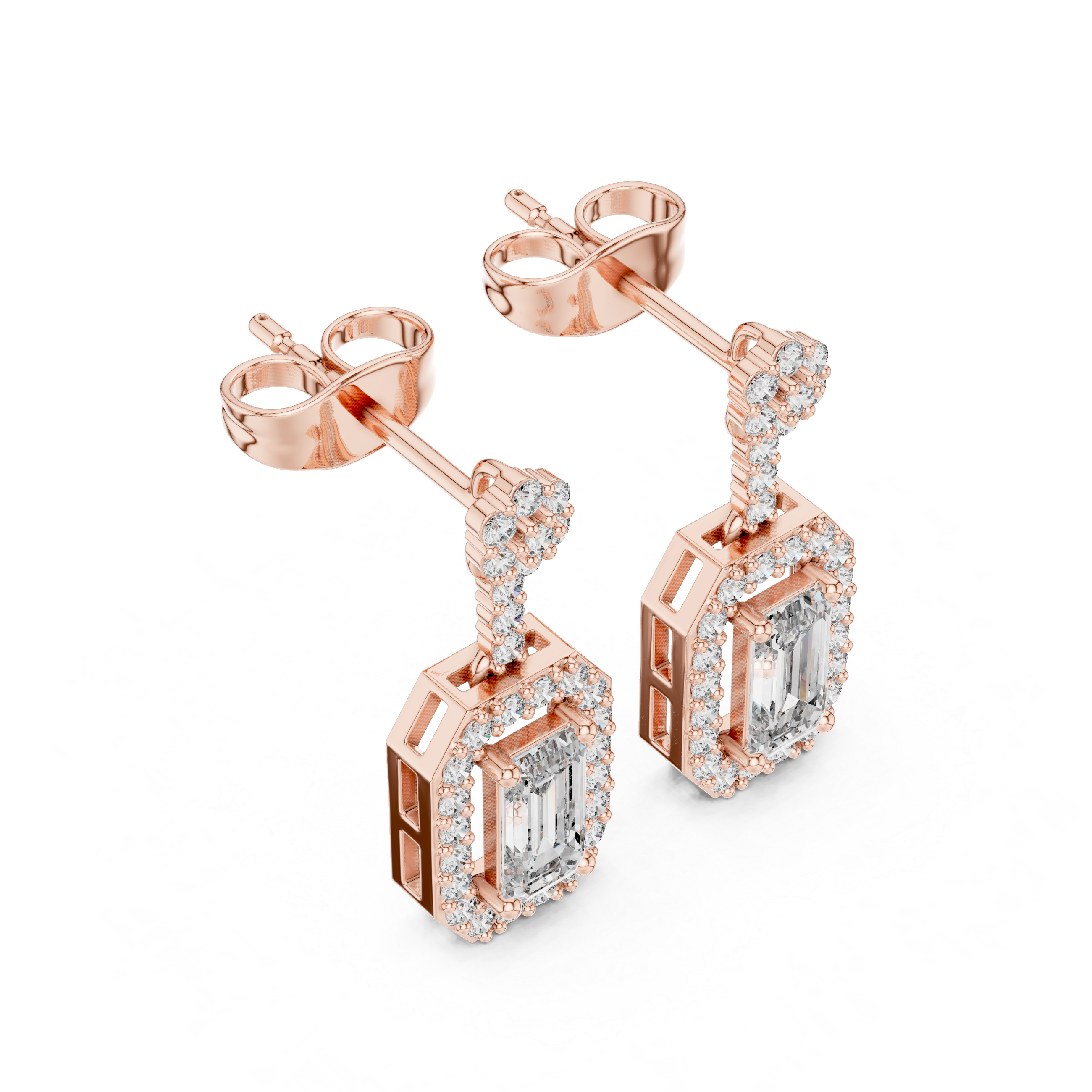 Emerald Cut Diamond Halo Drop Earrings with Pavé Link