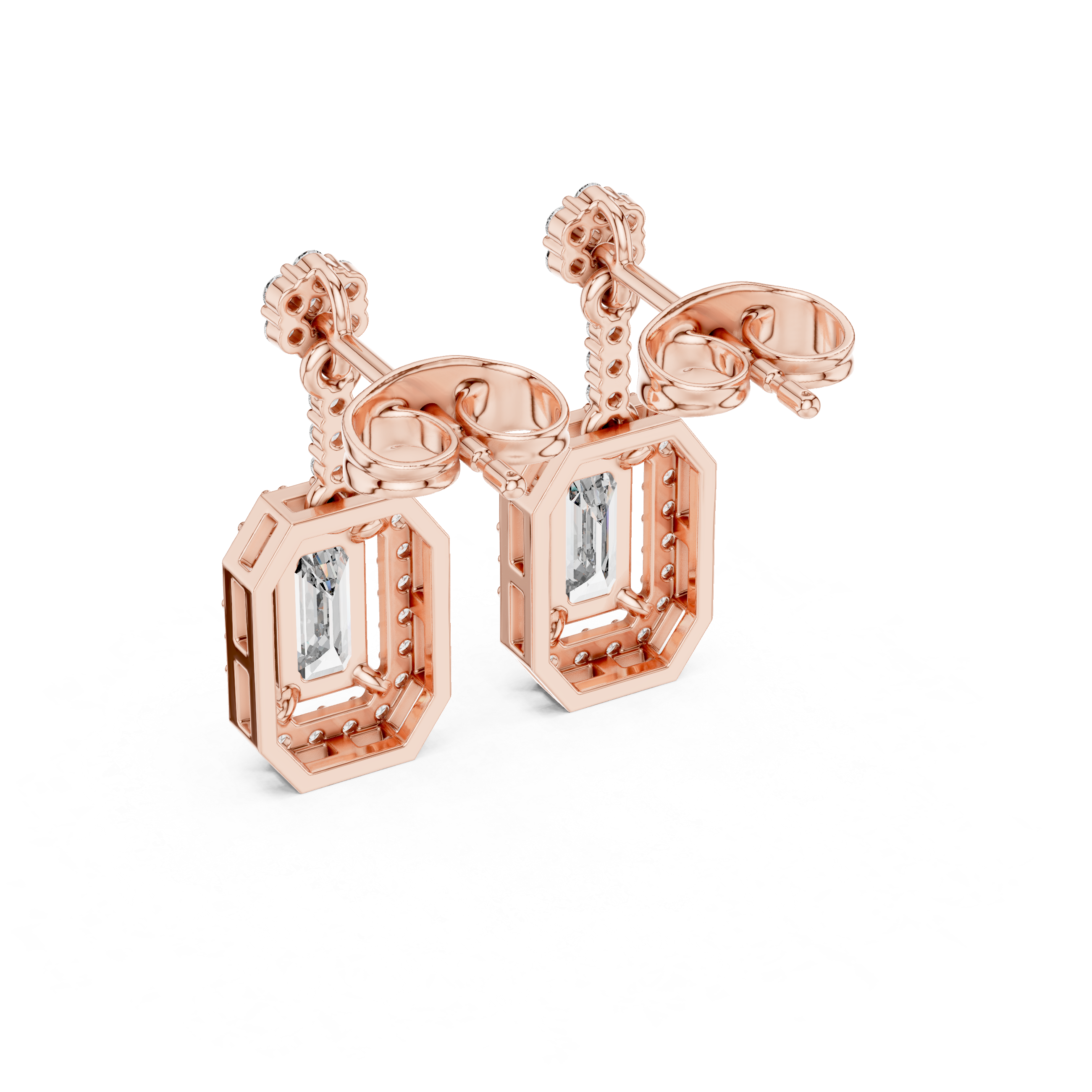 Emerald Cut Diamond Halo Drop Earrings with Pavé Link