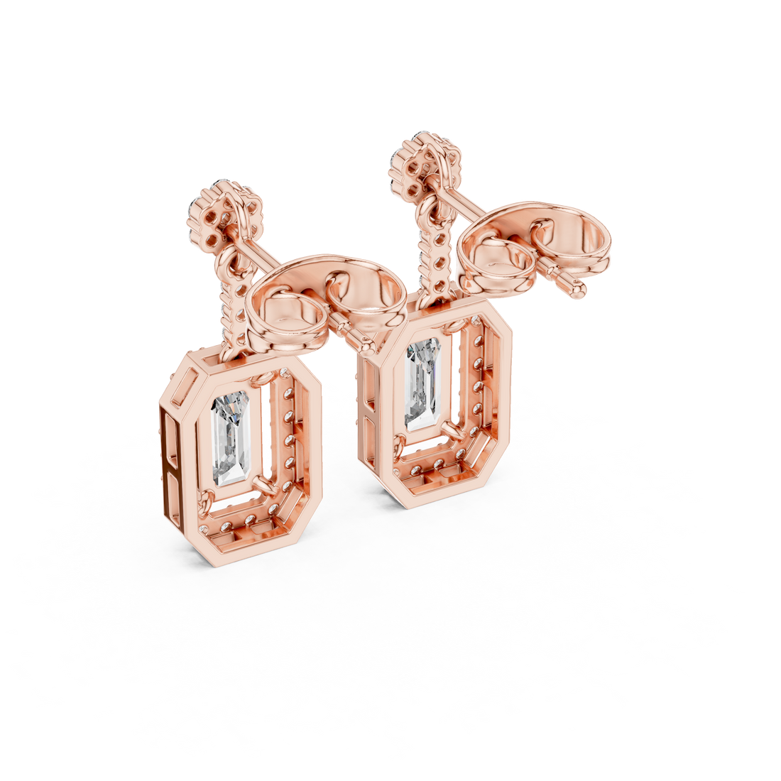 Emerald Cut Diamond Halo Drop Earrings with Pavé Link
