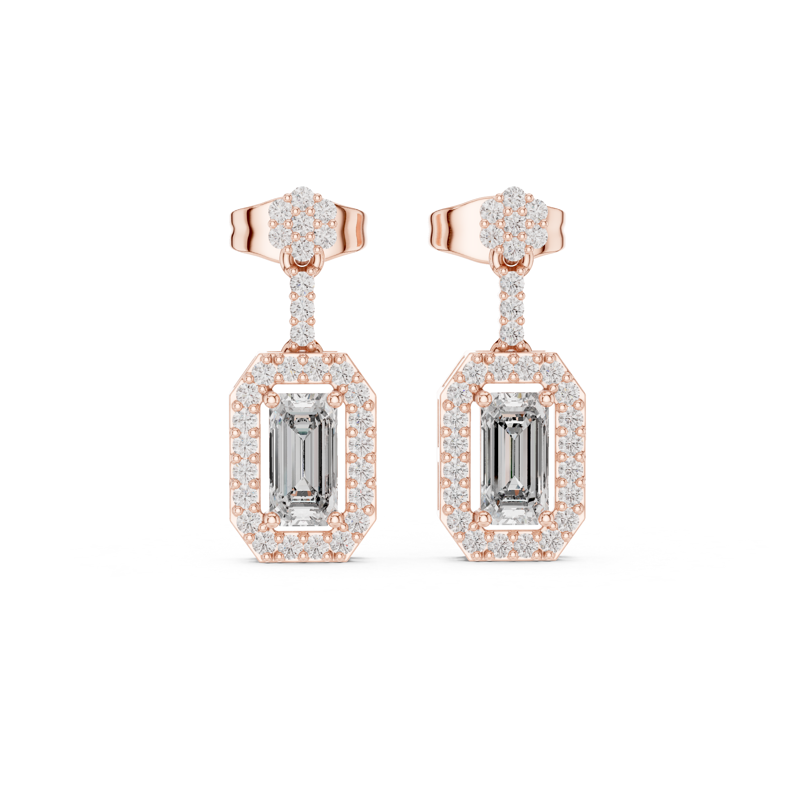 Emerald Cut Diamond Halo Drop Earrings with Pavé Link