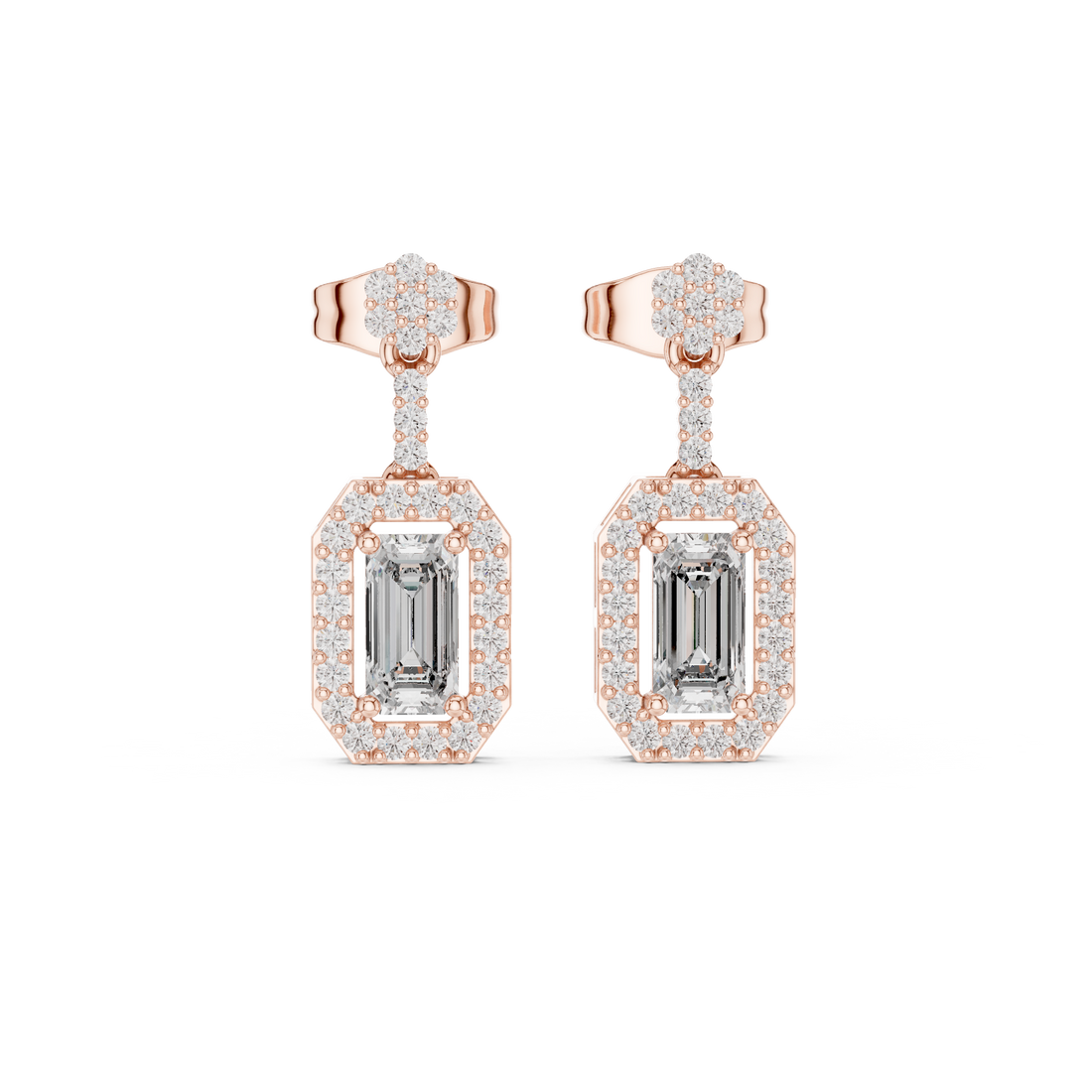 Emerald Cut Diamond Halo Drop Earrings with Pavé Link